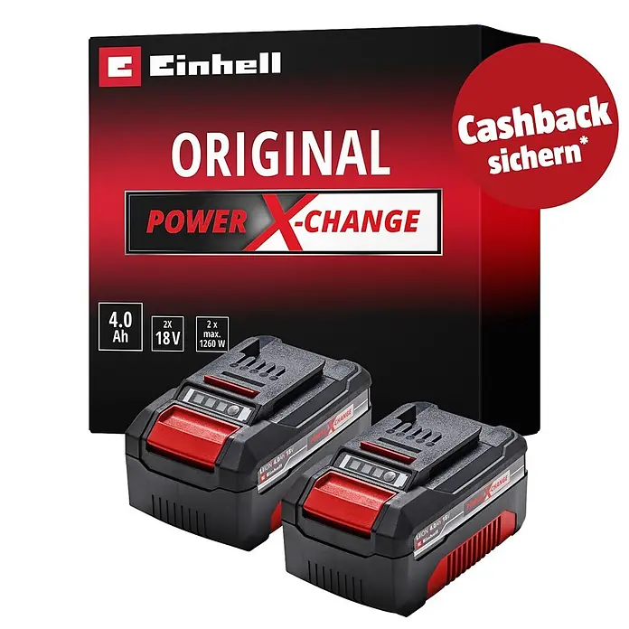 Einhell Professional PXC 18V Akku 2x18V 4,0Ah PXC-Twinpack CB - 18 V, 2 Akkus, 4 Ah - Zwei Einhell Power X-Change 4.0 Ah 18V Akkus in Schwarz-Rot mit Verpackung.