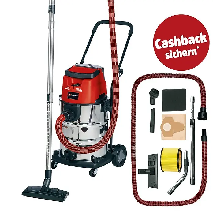 Einhell PXC 18V Akku-Nass-Trockensauger TE-VC 36/30 Li S-Solo - 18 V, Ohne Akku, Behältervolumen: 30 l - Roter und silberner Einhell Nass-Trockensauger mit Griff, Rollen und diversen Zubehörteilen. Inklusive "Cashback sichern" Aufkleber.