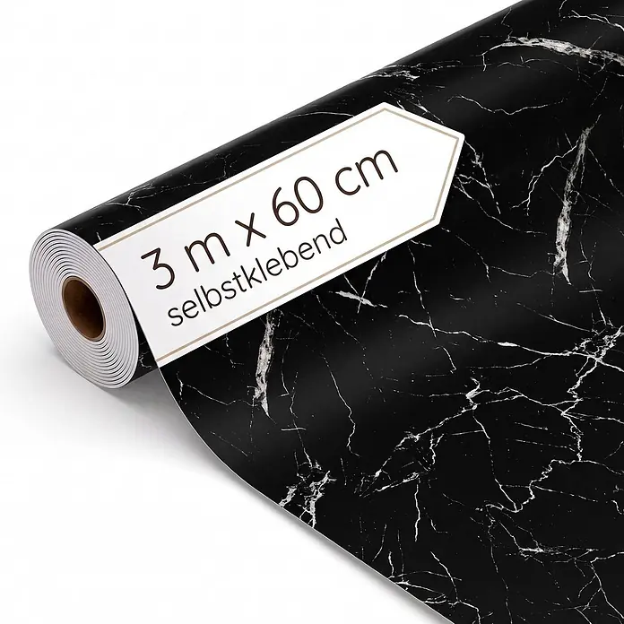 Dalsys Wandverkleidung Selbstklebend 3m Rolle x 60cm Schwarz PVC -  - Rolle schwarzer Marmor-Klebefolie mit weißen Adern, 3 m x 60 cm.