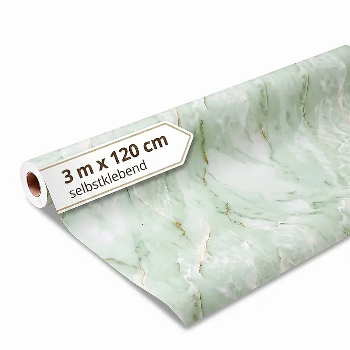 Dalsys Wandverkleidung Selbstklebend 3m Rolle x 120cm Salbeigrün PVC -  - Selbstklebende Folie in grünem Marmor-Design mit goldenen Äderungen, 3m x 120cm, auf Rolle.