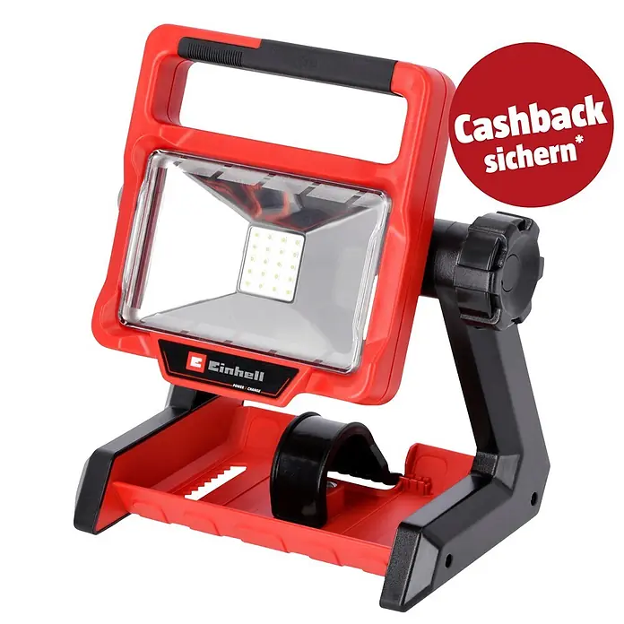 Einhell PXC 18V LED-Akkustrahler TE-CL 18/2000 LiAC-Solo - 18 V, Ohne Akku, 2.000 lm - Rote und schwarze Einhell LED-Arbeitsleuchte mit Griff, verstellbarem Standfuß und rotem "Cashback sichern*" Aufkleber.