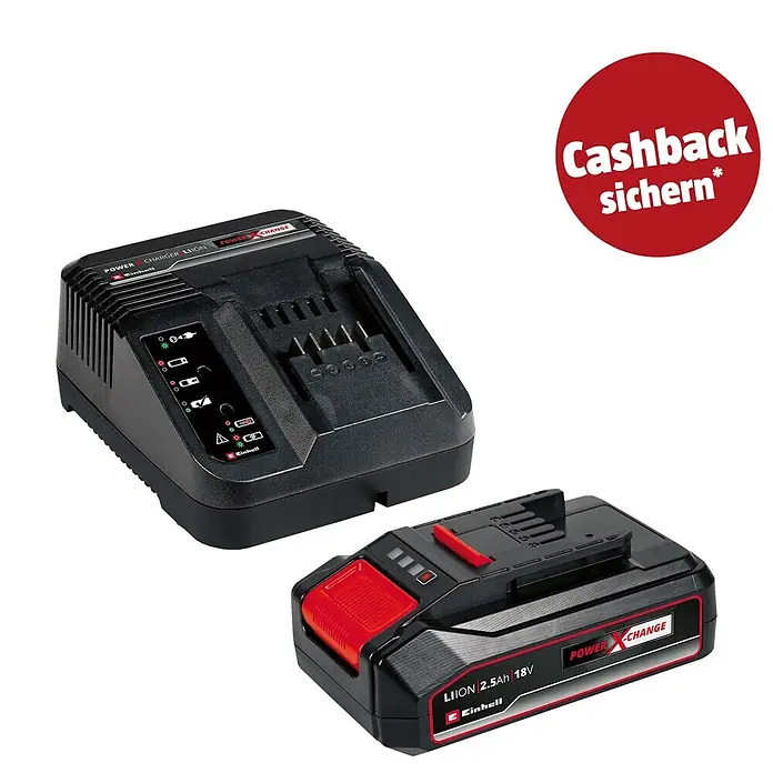 Einhell PXC 18V Akku & Ladegerät 18V 2,5Ah PXC Starter Kit - 18 V, 1 Akku, 2,5 Ah - Einhell Power X-Change Akku- und Ladegerät-Set in Schwarz mit roten Akzenten.