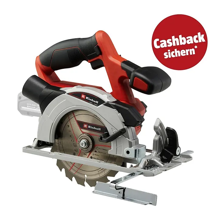 Einhell PXC 18V Akku-Handkreissäge TE-CS 18/150 Li - Solo - 18 V, Ohne Akku, Leerlaufdrehzahl: 4.200 U/min - Rote und schwarze Akku-Handkreissäge mit silbernem Sägeblatt und Grundplatte.