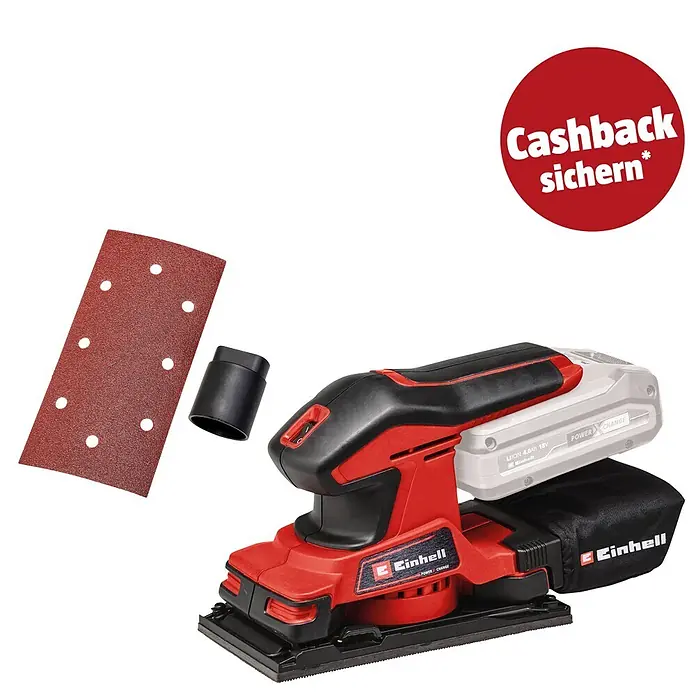 Einhell PXC 18V Akku-Schwingschleifer TC-OS 18/187 Li-Solo - 18 V, Ohne Akku, Leerlaufschwingzahl: 24.000 U/min - Roter und schwarzer Einhell Akku-Schwingschleifer mit Akku, Staubfangsack, Schleifpapier und Staubadapter.