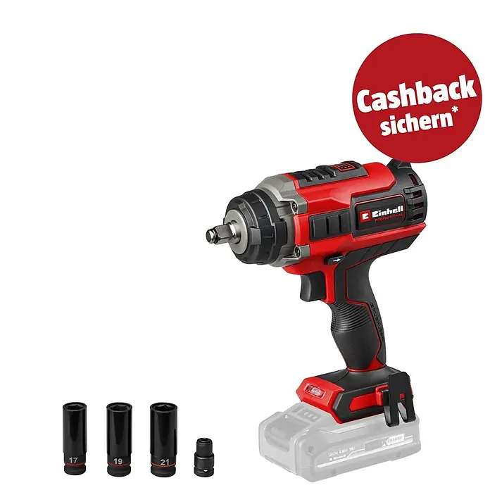 Einhell Professional PXC 18V Akku-Schlagschrauber IMPAXXO 18/450 - 18 V, Ohne Akku, 450 Nm - Roter und schwarzer Akku-Schlagschrauber mit Akku und drei schwarzen Schlagschraubernüssen (17, 19, 21 mm) sowie Adapter.