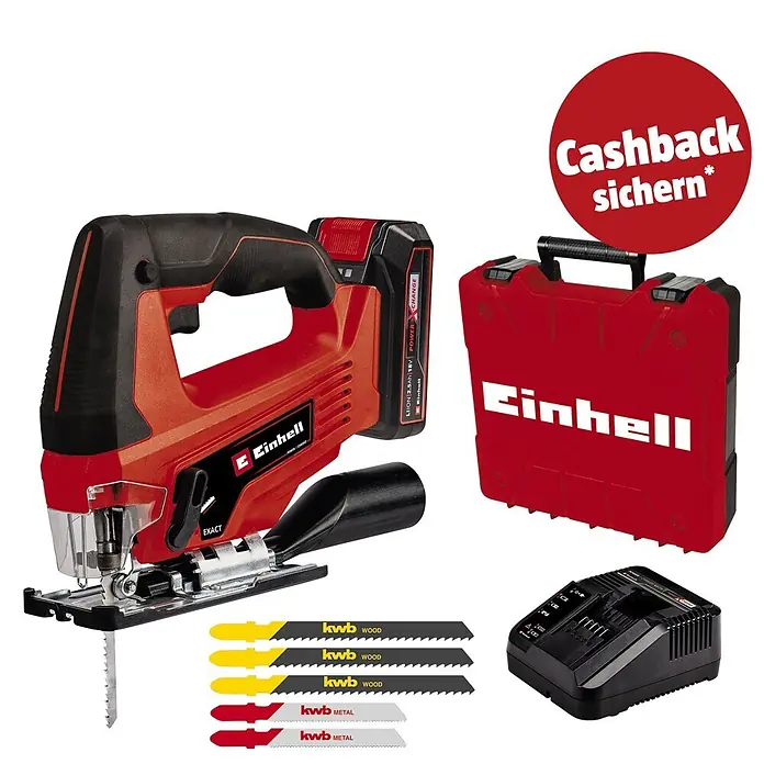 Einhell PXC 18V Akku-Stichsäge TC-JS 18 Li - 18 V, 1 Akku, 2,5 Ah, Leerlaufhubzahl: 0 /min - 2.700 /min - Rotes und schwarzes Einhell Akku-Stichsägen-Set mit Akku, Ladegerät, Koffer und kwb Sägeblättern.