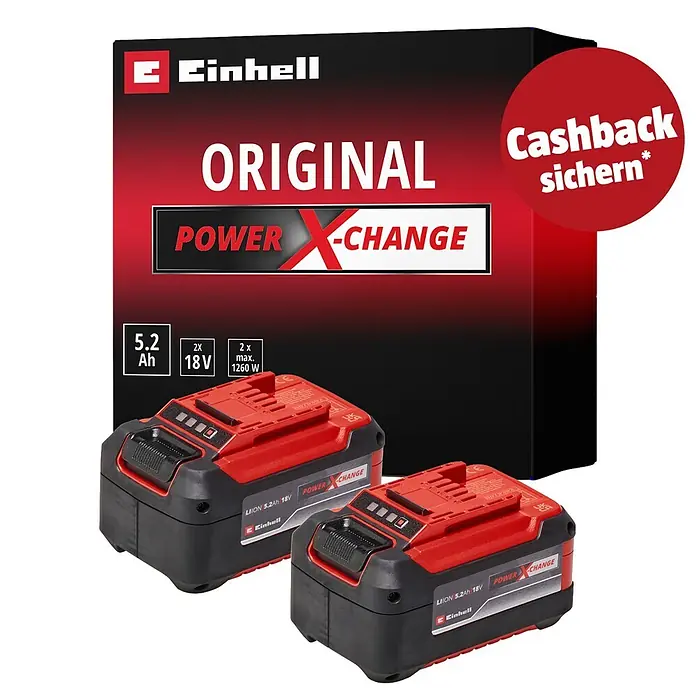 Einhell PXC 18V Akku-Set 2x 18V 5,2Ah PXC-Twinpack - 18 V, 5,2 Ah, 2 Akkus - Zwei rote und schwarze Einhell Power X-Change 5.2 Ah 18V Akkus, präsentiert mit Branding und einem 'Cashback'-Angebot auf der Verpackung.
