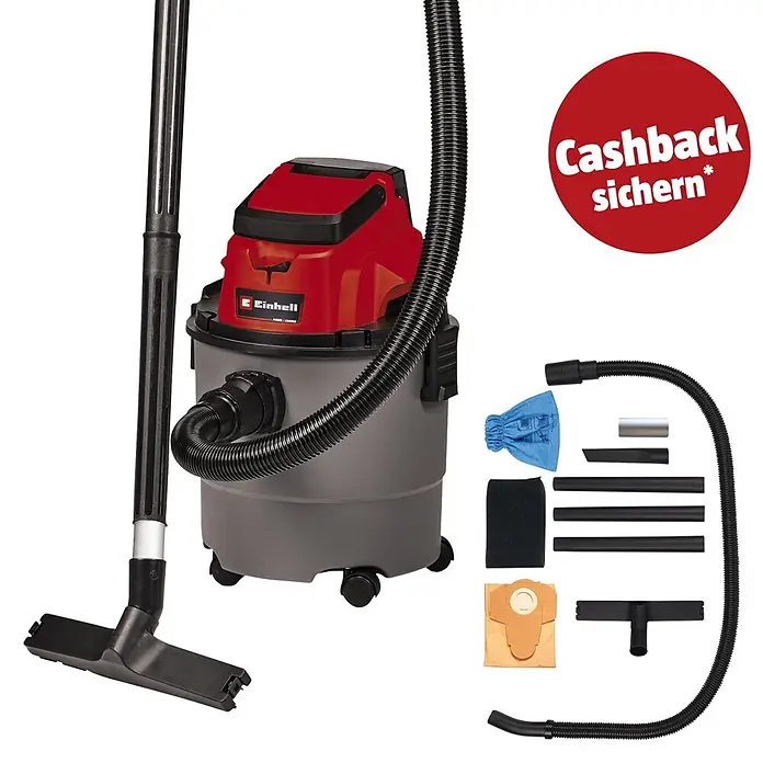Einhell PXC 18V Akku-Nass-Trockensauger TC-VC 18/15 Li-Solo - 18 V, Ohne Akku, Behältervolumen: 15 l - Roter und grauer Nass-/Trockensauger mit verschiedenen Aufsätzen und Filterbeuteln.