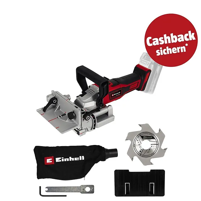 Einhell PXC 18V Akku-Flachdübelfräse TE-BJ 18 Li - Solo - 18 V, Ohne Akku, Leerlaufdrehzahl: 6.500 U/min - Einhell rot-schwarze Akku-Flachdübelfräse mit Staubbeutel, Sägeblatt, Schraubenschlüssel und Zubehör.
