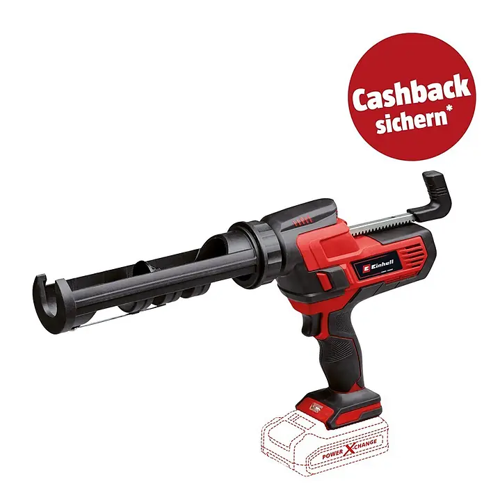 Einhell PXC 18V Akku-Kartuschenpresse TE-SG 18/10 Li-Solo - 18 V, Ohne Akku, Passend für: 310 ml Kartuschen - Rot-schwarze Einhell Akku-Silikonpistole mit Power X-Change Akku-Umriss und "Cashback sichern"-Aufkleber.