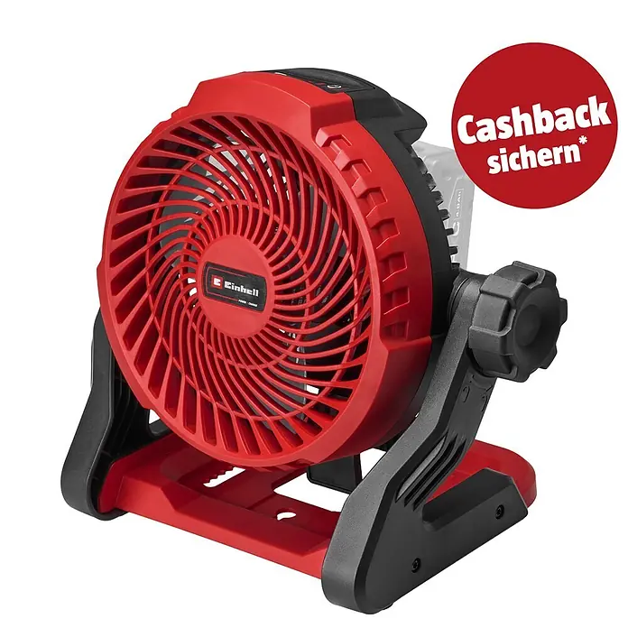 Einhell PXC 18V Akku-Ventilator GE-CF 18/2200 Li - Solo - 18 V, Li-Ionen, Ohne Akku - Roter und schwarzer akkubetriebener Standventilator mit stabilem Fuß.