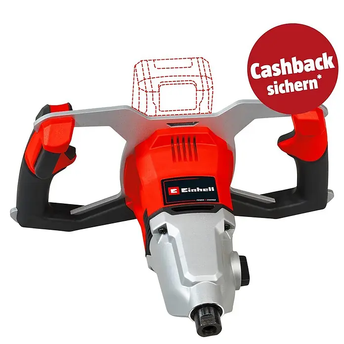 Einhell Professional PXC 18V Farb- & Mörtelmischer TP-MX 18-2 Li BL Solo - 18 V, Ohne Akku, Durchmesser Rührer: 120 mm, M 14 - Rot-silbernes Einhell Rührwerk mit schwarzen Griffen, zum effizienten Mischen von Materialien.