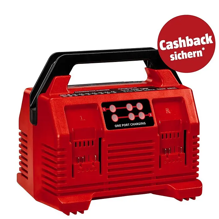Einhell PXC 18V Schnellladegerät Power X-Quattrocharger 4A - Passend für: Einhell Power X-Change Akkus - Rotes und schwarzes Mehrfach-Akkuladegerät mit Tragegriff, zum gleichzeitigen Laden mehrerer Akkus.