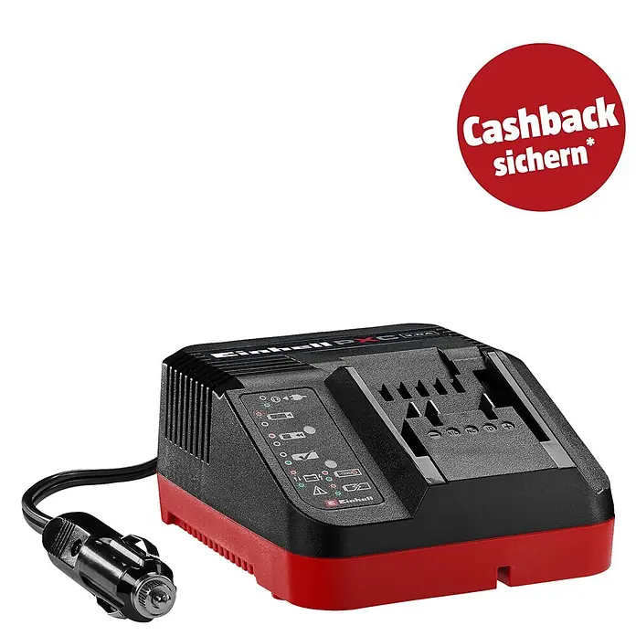 Einhell PXC 18V Batterie-Ladegerät Power X-Car Charger 3A - 3.000 mA, Passend für: Einhell Power X-Change Akkus - Schwarz-rotes Akkuladegerät mit angeschlossenem 12V-Autoadapter.