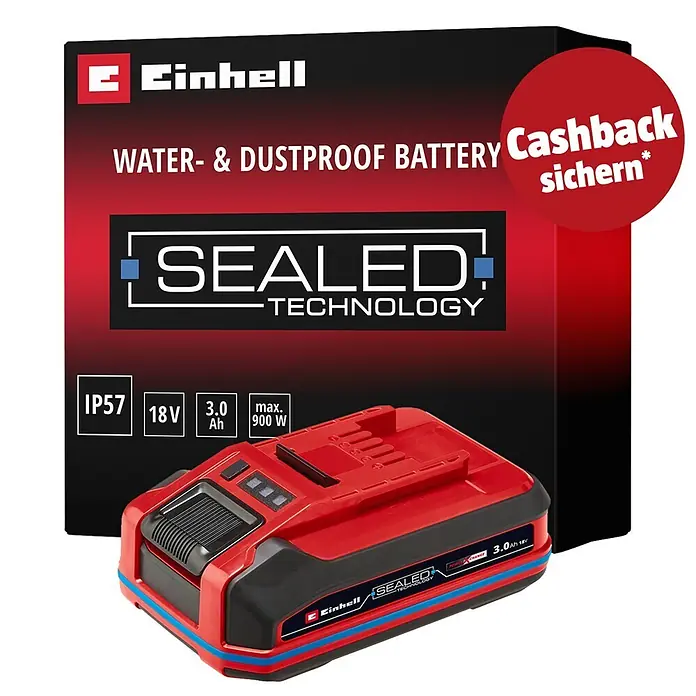 Einhell PXC 18V Akku PXC+ 18V 3,0Ah SEALED - 18 V, 3 Ah - Einhell rot-schwarzer 18V, 3.0 Ah Power X-Change Akku mit IP57 wasser- & staubdichter SEALED Technologie, max. 900W.