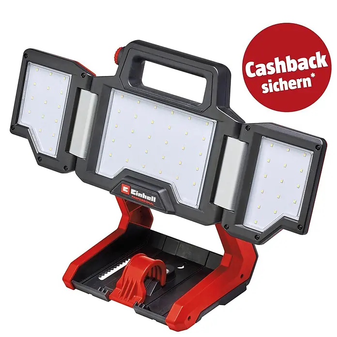 Einhell Professional PXC 18V LED-Baustrahler TP-CL 18/3000 Li-Solo - 3.000 lm, 5.700 K - Rot-schwarzer LED-Arbeitsscheinwerfer mit verstellbaren Paneelen und Griff auf einem Ständer.
