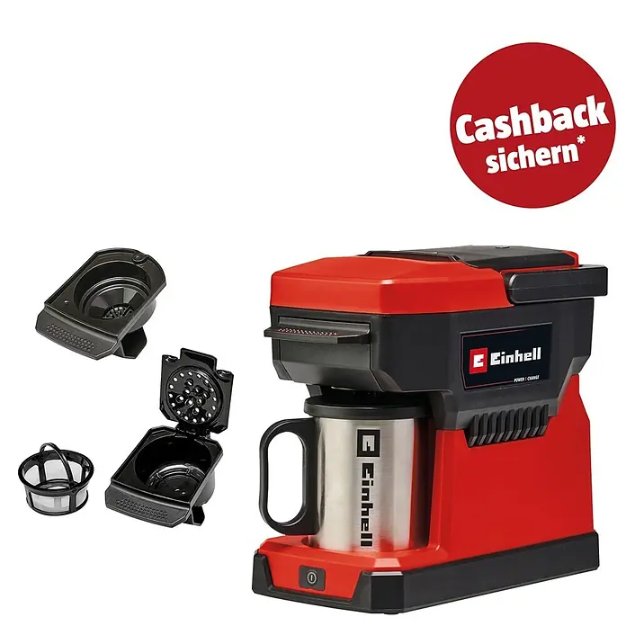 Einhell PXC 18V Akku-Kaffeemaschine TE-CF 18 Li-Solo - 18 V, Ohne Akku - Rot-schwarze Einhell Akku-Kaffeemaschine mit Edelstahl-Thermotasse und Filterzubehör.