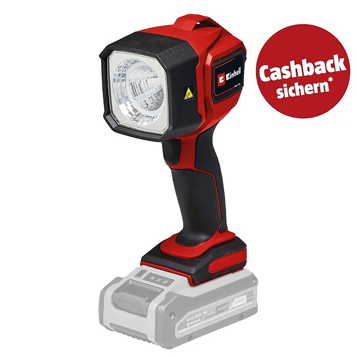 Einhell PXC 18V Akku-Lampe TC-CL 18/350 Li-Solo - 18 V, Ohne Akku, 350 lm - Rot-schwarze Akku-Arbeitsleuchte mit LED und angebrachtem Akku.
