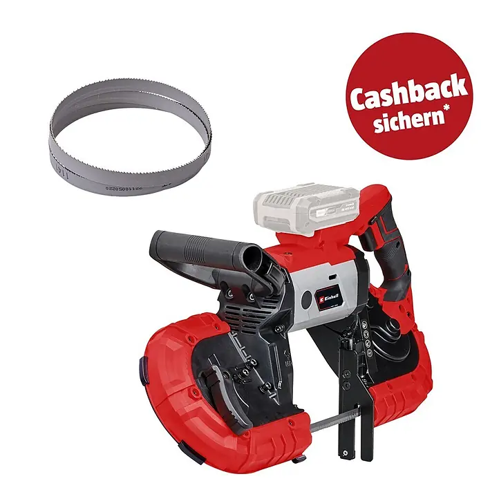 Einhell PXC 18V Akku-Bandsäge TE-MB 18/127 Li-Solo - 18 V, Ohne Akku, Leerlaufdrehzahl: 240 U/min - Rote und schwarze Akku-Bandsäge mit Akku, zusammen mit einem Metall-Bandsägeblatt. Für tragbare Sägearbeiten.