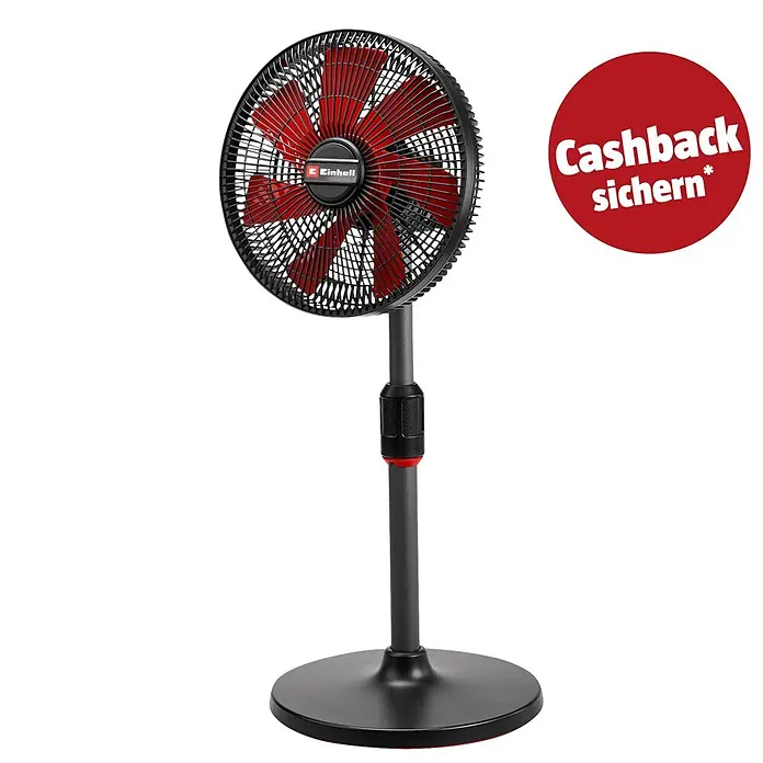 Einhell PXC 18V Akku-Ventilator GE-CF 18/320 P Li-Solo - 18 V, Ohne Akku - Schwarzer Einhell Standventilator mit roten Rotorblättern und stabilem Fuß.