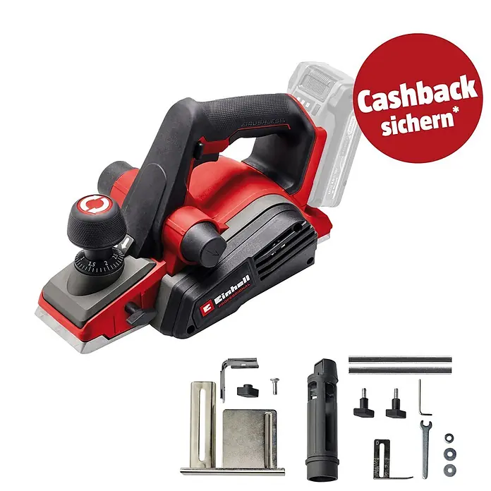 Einhell PXC 18V Akku-Hobel TP-PL 18/3 LI BL - Solo - 18 V, Ohne Akku, Hobeltiefe: 3 mm, 12.000 U/min - Roter und schwarzer Einhell Akku-Hobel mit bürstenlosem Motor, Batterie und verschiedenen Hobel-Zubehörteilen.