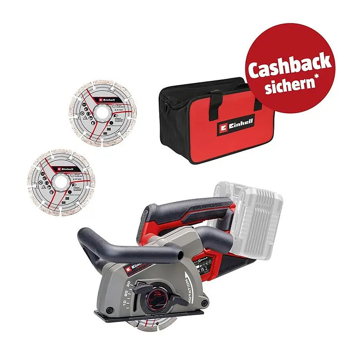 Einhell Professional PXC 18V Akku-Mauernutfräse TP-MA 36/30 Li BL - Solo - 18 V, Ohne Akku, 0 Ah, Durchmesser Schleifscheibe: 125 mm - Einhell Akku-Mauernutfräse mit zwei Diamanttrennscheiben und roter Werkzeugtasche.