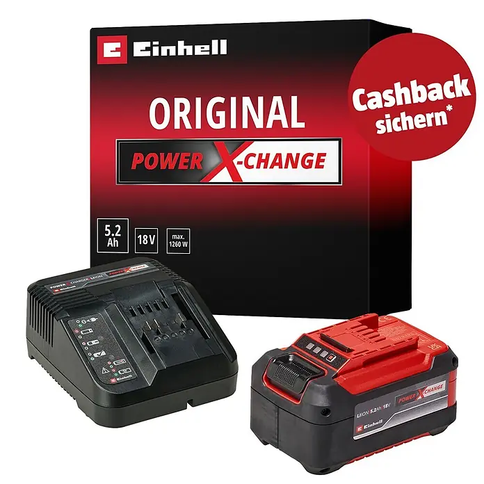 Einhell PXC 18V Akku & Ladegerät 5,2 Ah PXC Starter-Kit - 18 V, 1 Akku, 5,2 Ah - Einhell Power X-Change 5,2Ah 18V Akku (rot/schwarz), schwarzes Ladegerät und schwarzer/roter Produktkarton.