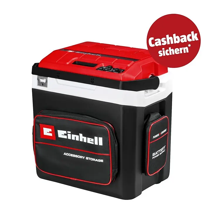 Einhell PXC 18V Akku-Kühlbox TE-COL 18/27 Li-Solo - 18 V, Ohne Akku, 27 l, 20 °C - 60 °C - Rot-weiß-schwarze Einhell Kühlbox mit seitlichen Aufbewahrungstaschen und Bedienfeld.