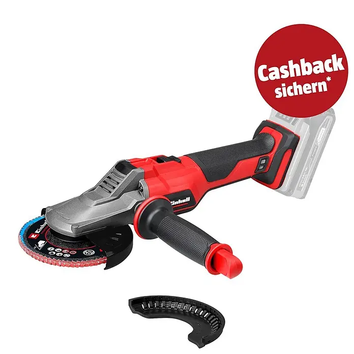 Einhell Professional PXC 18V Akku-Winkelschleifer Professional TP-AG 18/125 F Li BL - Solo - 18 V, Ohne Akku, Durchmesser Scheibe: 125 mm - Rot-grauer Akku-Winkelschleifer mit schwarzem Griff und Trennscheibe, mit "Cashback sichern" Aufkleber.