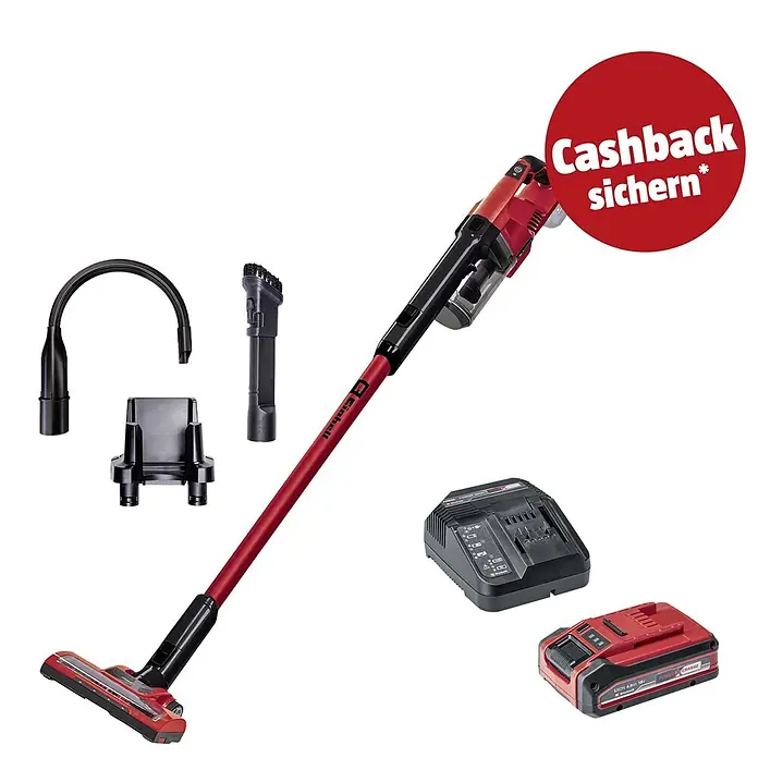 Einhell PXC 18V Akku-Staubsauger TE-SV 18 Li-Solo - 18 V, Ohne Akku, 4 Ah, Behältervolumen: 0,6 l - Roter und schwarzer Akku-Stielstaubsauger mit flexiblem Schlauch, Bürstenaufsatz, Wandhalterung, Akkuladegerät und Akku.