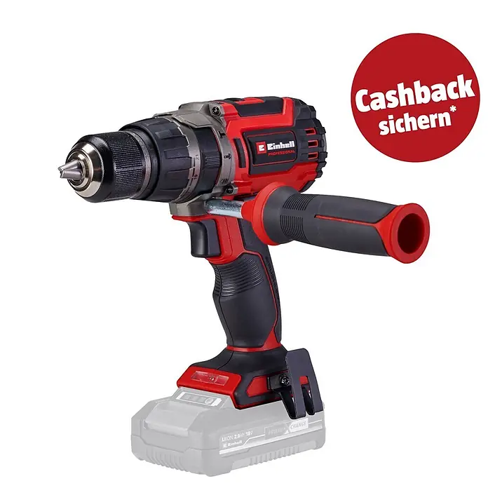 Einhell PXC 18V Akku-Schlagbohrschrauber TP-CD 18/70 Li-i BL - Solo - 18 V, Ohne Akku, 70 Nm - Einhell Akku-Bohrschrauber in Rot und Schwarz mit Zusatzhandgriff und sichtbarem Akku. Ein roter Kreis bewirbt 'Cashback sichern'.