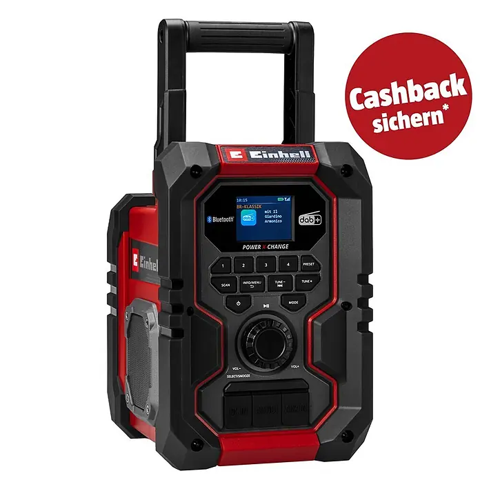 Einhell PXC 18V Akku-Baustellenradio TE-CR 18 Li DAB+/FM/BT - Solo - 18 V, Ohne Akku, Bluetooth - Rotes und schwarzes Einhell-Baustellenradio mit Griff, Digitalanzeige und Frontbedienelementen für Bluetooth und DAB+.