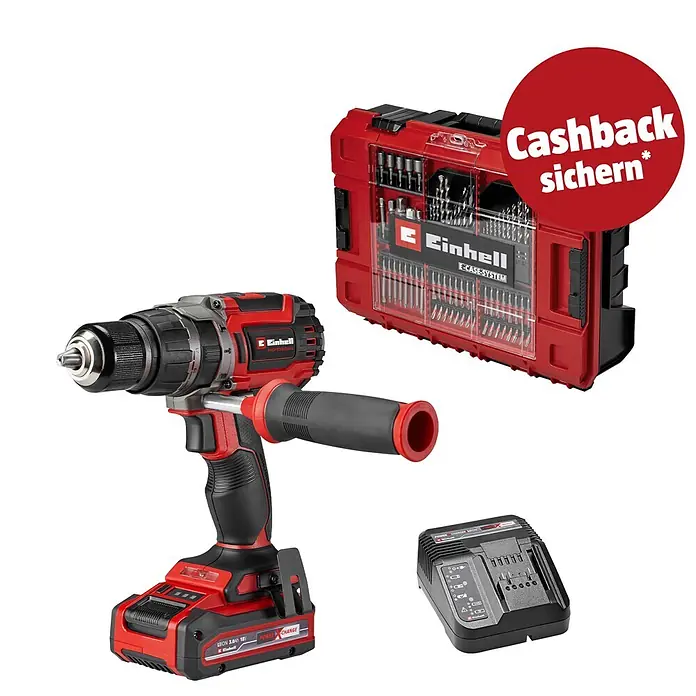 Einhell PXC 18V Akku-Schlagbohrschrauber TP-CD 18/70 Li-i BL - 18 V, 1 Akku, 3 Ah, 70 Nm - Rote und schwarze Akku-Bohrmaschine, Akku, Ladegerät und rotes Einhell E-CASE Bohrer-Set.
