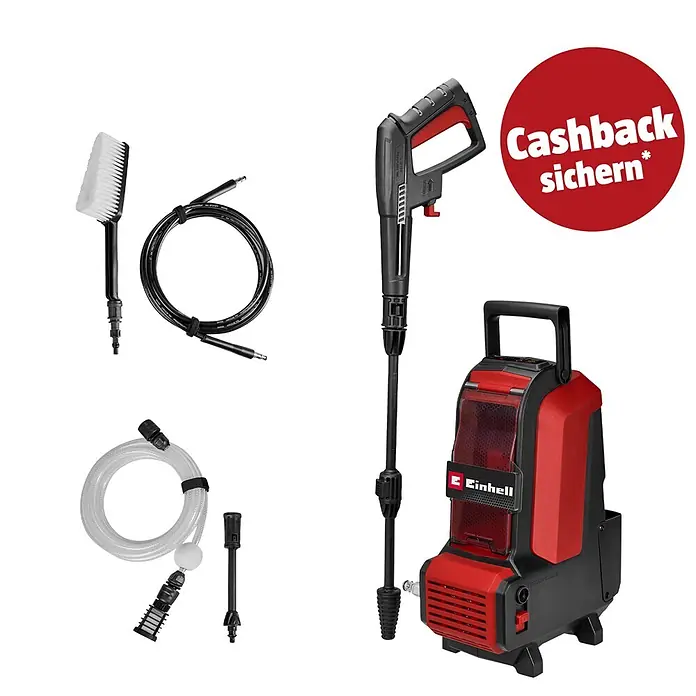 Einhell PXC 18V Akku-Hochdruckreiniger Hypresso 36/105 - 36 V, Ohne Akku - Roter und schwarzer Einhell Hochdruckreiniger mit Pistole, Lanze, rotierender Bürste, Hochdruckschlauch und Saugschlauch.