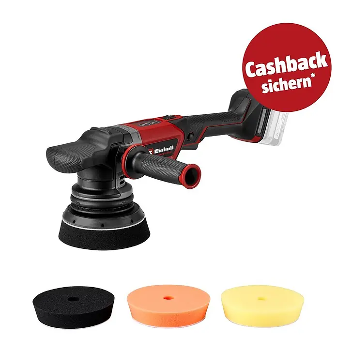 Einhell PXC 18V Akku-Exzenterpolierer CP-EP 18/125 Li BL-Solo - 18 V, Ohne Akku, Durchmesser Polierteller: 125 mm - Rot-schwarzer Akku-Polierer mit 'Cashback sichern'-Sticker und drei farbigen Schwammpads: schwarz, orange, gelb.