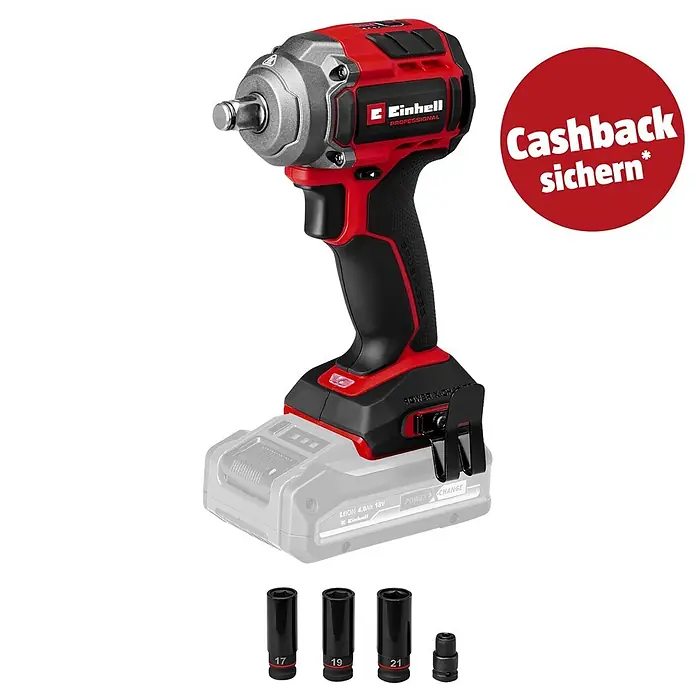 Einhell Professional PXC 18V Akku-Schlagschrauber TP-CW 18/350-C Li BL - Solo - 18 V, Ohne Akku, 350 Nm - Rot-schwarzer Einhell Akku-Schlagschrauber, Power X-Change Akku, mit 17, 19, 21mm Nüssen und Adapter.