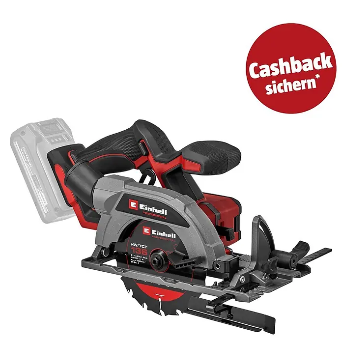 Einhell Professional PXC 18V Akku-Handkreissäge TP-CS 18/136-C Li BL - Solo - 18 V, Ohne Akku, Durchmesser Sägeblatt: 136 mm - Rote und graue Einhell Akku-Kreissäge mit schwarzem Sägeblatt.