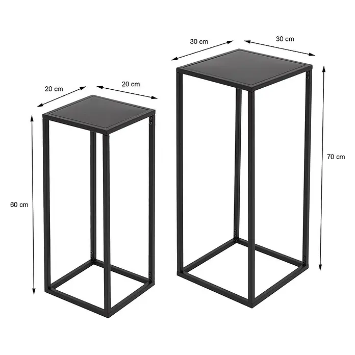 ML-Design Pflanztopf Blumentopfständer Schwarz Wetterfeste und robuste Blumentopfhalter - Metall, Schwarz - Zwei schwarze quadratische Pflanzenständer aus Metall, unterschiedliche Höhen.