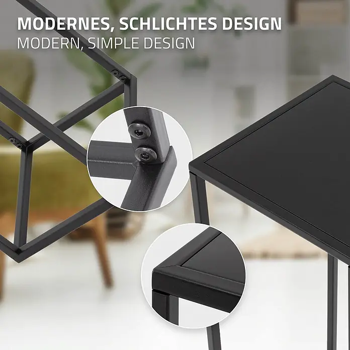 ML-Design Pflanztopf Blumentopfständer Schwarz Wetterfeste und robuste Blumentopfhalter - Metall, Schwarz - Nahaufnahme eines modernen, schlichten Beistelltisches aus schwarzem Metall, Details des stabilen Rahmens und der glatten Tischplatte.