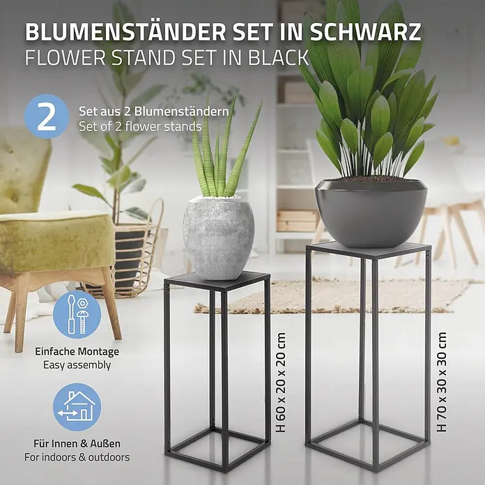 ML-Design Pflanztopf Blumentopfständer Schwarz Wetterfeste und robuste Blumentopfhalter - Metall, Schwarz - Set aus 2 schwarzen Metall-Blumenständern in verschiedenen Höhen für Innen- und Außenbereich.