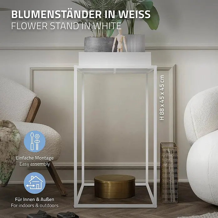 Pflanzenständer Weiß 45x45x88 cm aus Metall Innen/Außen -  - Weißer Metall-Blumenständer mit Maßen H 88 x 45 x 45 cm, geeignet für drinnen und draußen.