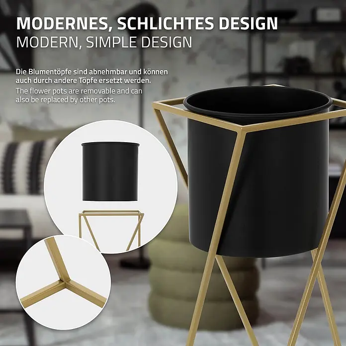 Blumenständer 2er Set Schwarz-Gold 21x21x51 cm/24x24x70,5 cm aus Stahl -  - Moderner goldfarbener geometrischer Metall-Pflanzständer mit abnehmbarem schwarzem Topf für schlichte Wohndekoration.