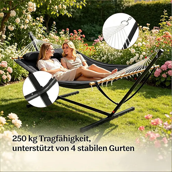 SONNENH Hängematte - L x B: 360 x 105 cm, Stahl, Anthrazit - Zwei Frauen entspannen in einer schwarzen Hängematte mit schwarzem Metallgestell im Garten, hervorgehoben wird die 250 kg Tragfähigkeit und stabile Gurte.