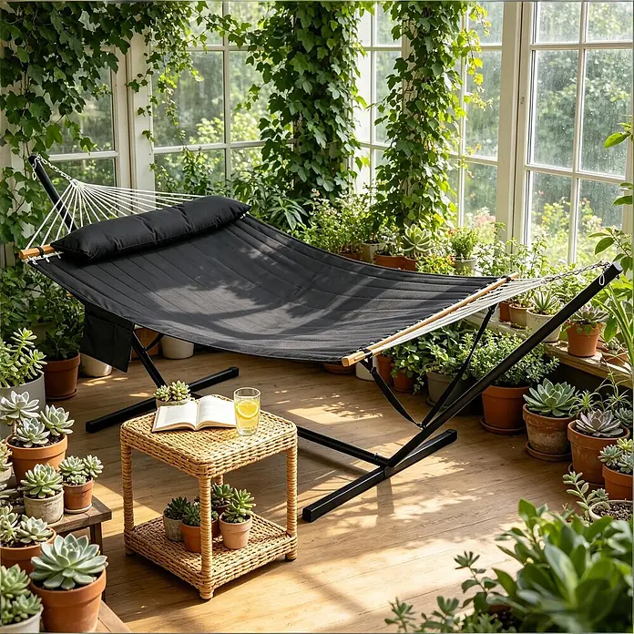 SONNENH Hängematte - L x B: 360 x 105 cm, Stahl, Anthrazit - Schwarze gepolsterte Hängematte mit Metallgestell, platziert in einem sonnigen, pflanzenreichen Wintergarten mit einem Korbtisch.