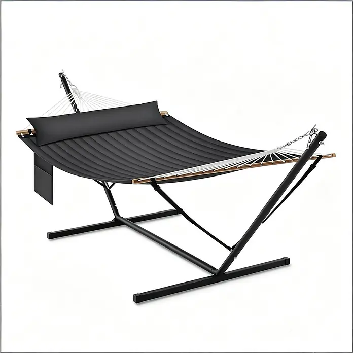 SONNENH Hängematte - L x B: 360 x 105 cm, Stahl, Anthrazit - Schwarze Stepp-Hängematte mit Kopfkissen, Holzspreizstangen und schwarzem Metallgestell.