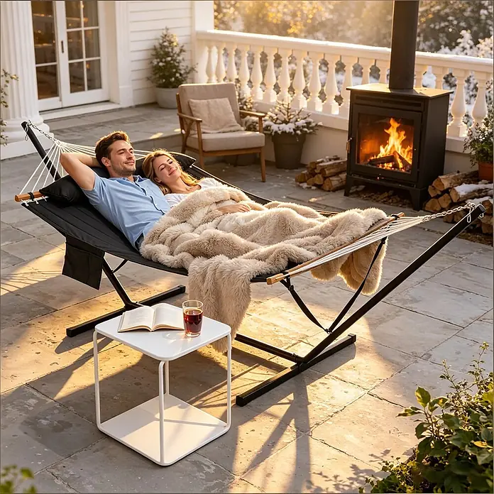 SONNENH Hängematte - L x B: 360 x 105 cm, Stahl, Anthrazit - Paar entspannt auf einer schwarzen Outdoor-Hängematte mit einer kuscheligen Kunstfelldecke auf einer Winterterrasse.