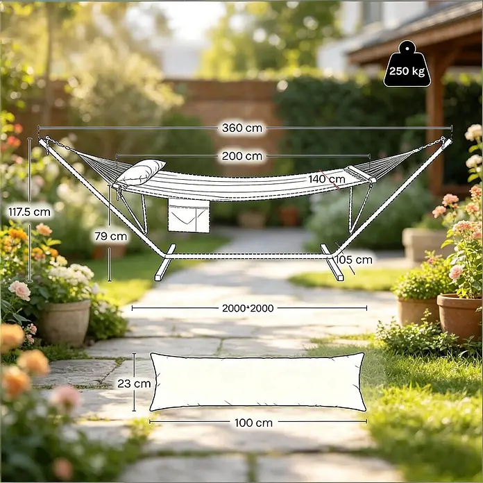 SONNENH Hängematte - L x B: 360 x 105 cm, Stahl, Anthrazit - Maße und Tragfähigkeit (250 kg) einer Gartenhängematte mit Gestell und Kissen.
