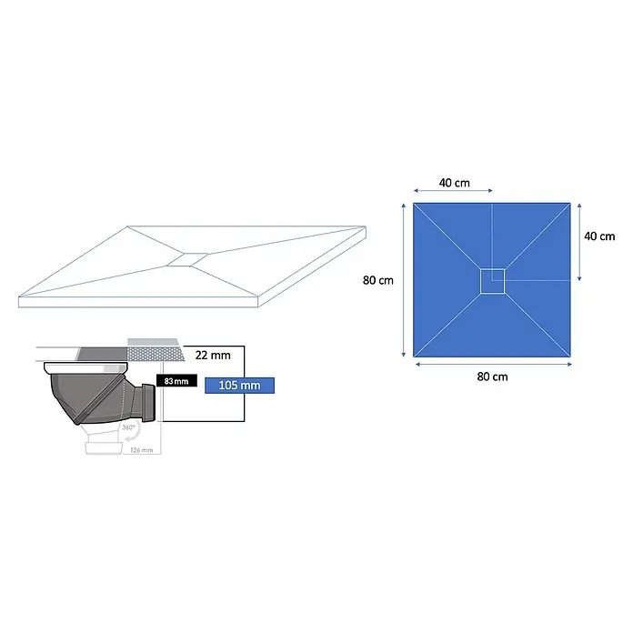 Onbath's Duschwanne 902 - L x B: 100 x 80 cm, Naturstein, Kupferfarben - 80x80 cm quadratische Duschwanne mit zentralem Abfluss und geneigter Oberfläche. Inklusive kompaktem, 360° drehbarem Siphon mit 105mm Anschluss.
