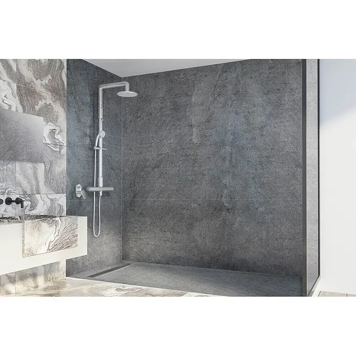 Onbath's Duschwanne 925 - L x B: 160 x 90 cm, Naturstein, Anthrazit-Schwarz - Moderne Duschkabine mit dunkelgrauen Fliesen, Chromarmaturen und einem marmorierten Waschbecken.