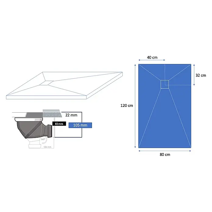 Onbath's Duschwanne 925 - L x B: 160 x 90 cm, Naturstein, Anthrazit-Schwarz - Rechteckige Duschwanne, 120x80 cm, mit mittigem Abfluss und technischen Installationsmaßen.